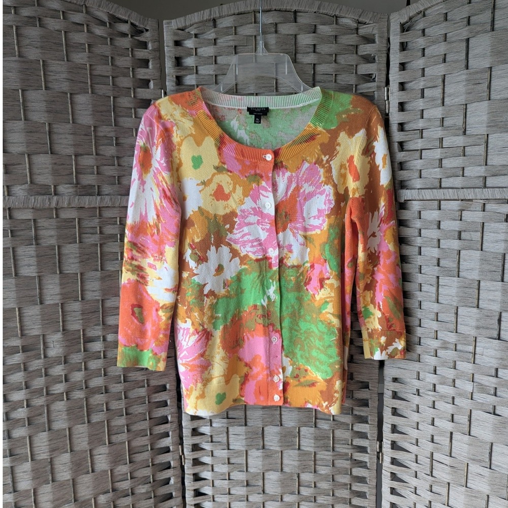 Talbots Cardigan Floral‎ Pima Cotton Button Up Sz MP Preppy Polished Pink Orange